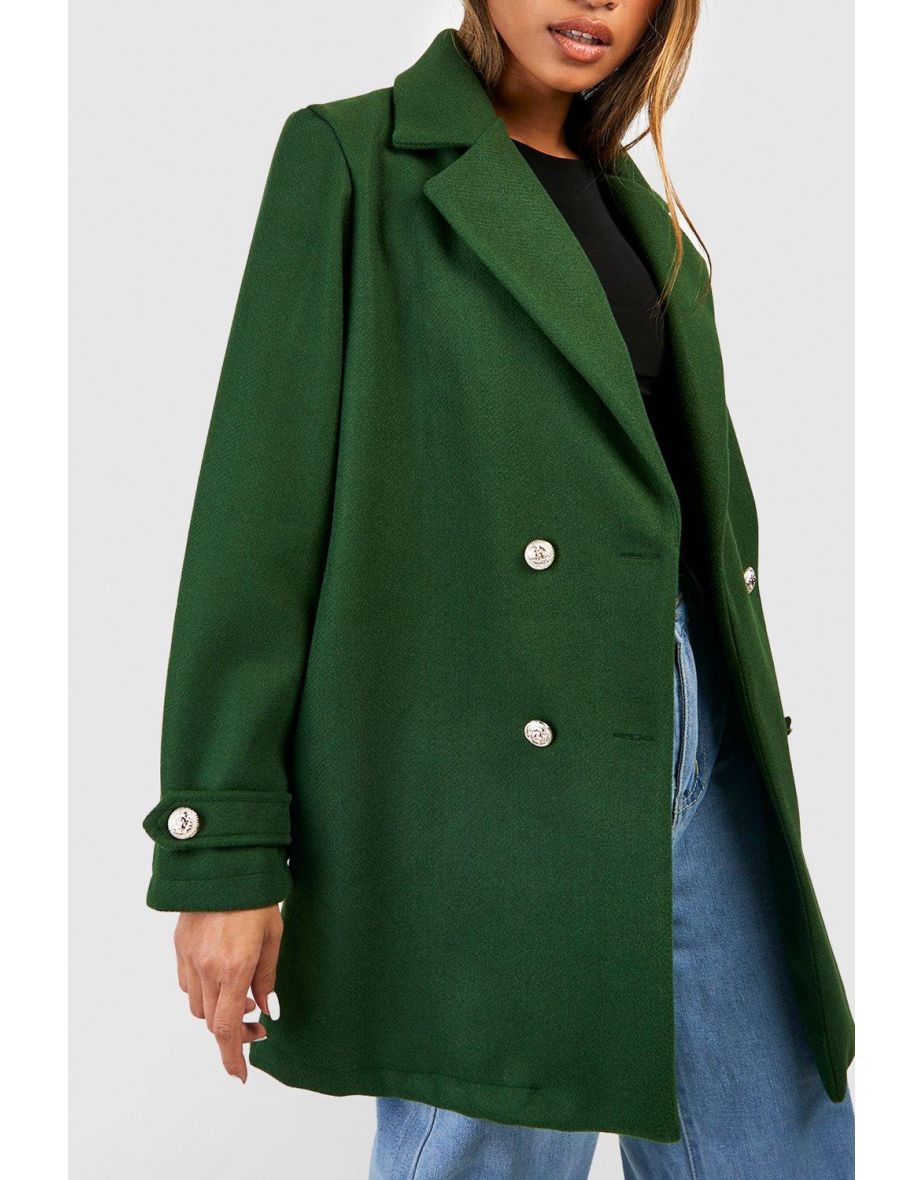 Button Detail Wool Look Longline Coat - khaki - 3