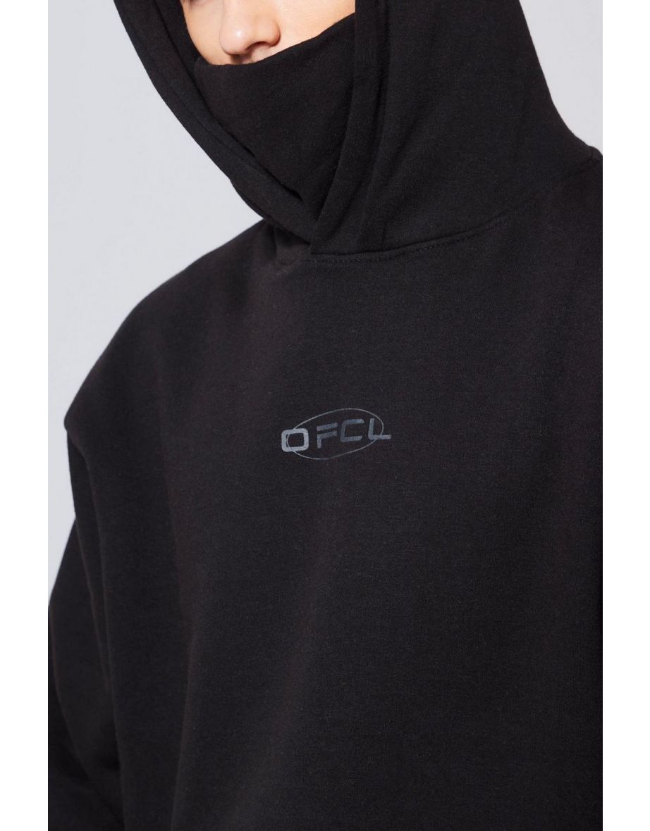 Oversized Man Graphic Hoodie With Snood - black - 2