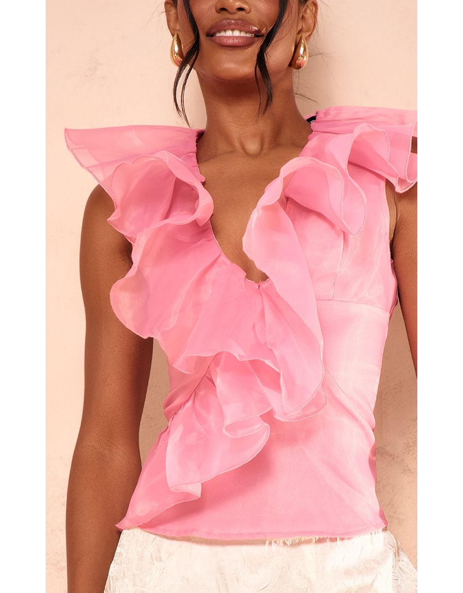 Fuschia Organza Extreme Ruffle Plunge Top - 3