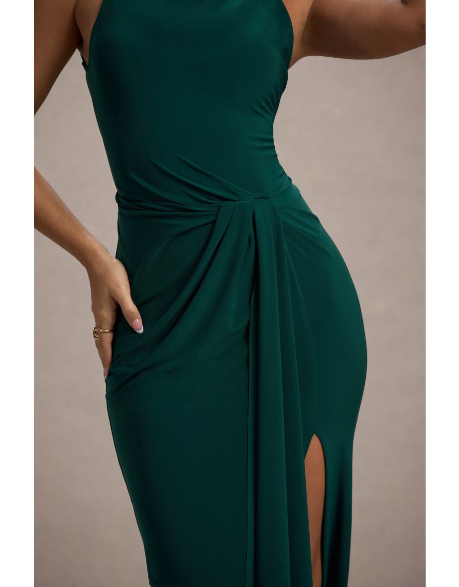 Khari | Bottle Green High-Neck Twisted Dress With Drape - 6