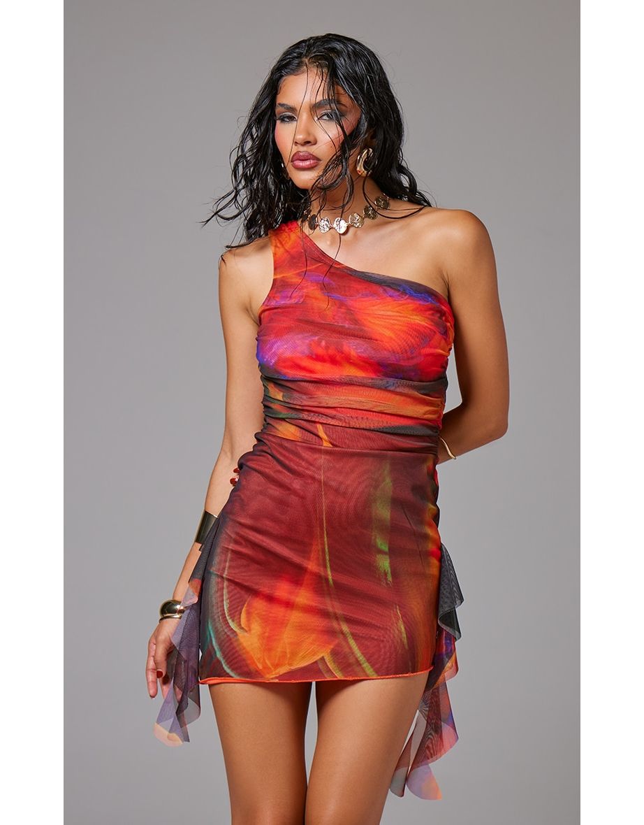 Deep Orange Abstract Print Mesh One Shoulder Bodycon Dress