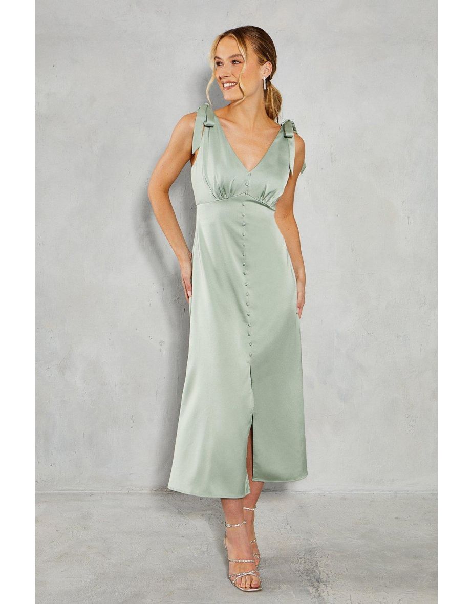 Satin Button Front Tie Shoulder Midaxi Dress