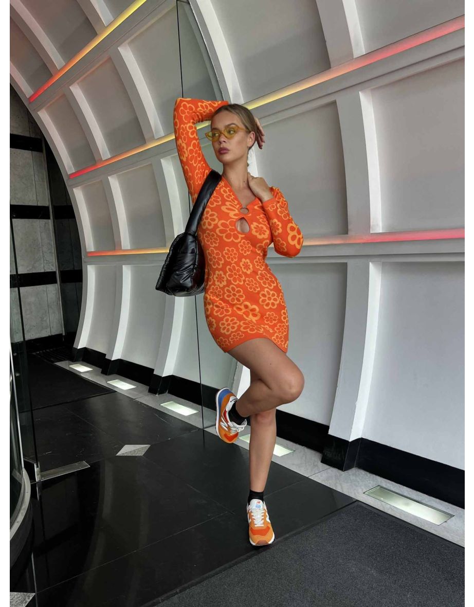 Glamorous Orange Tonal Flowers Knitted Mini Dress