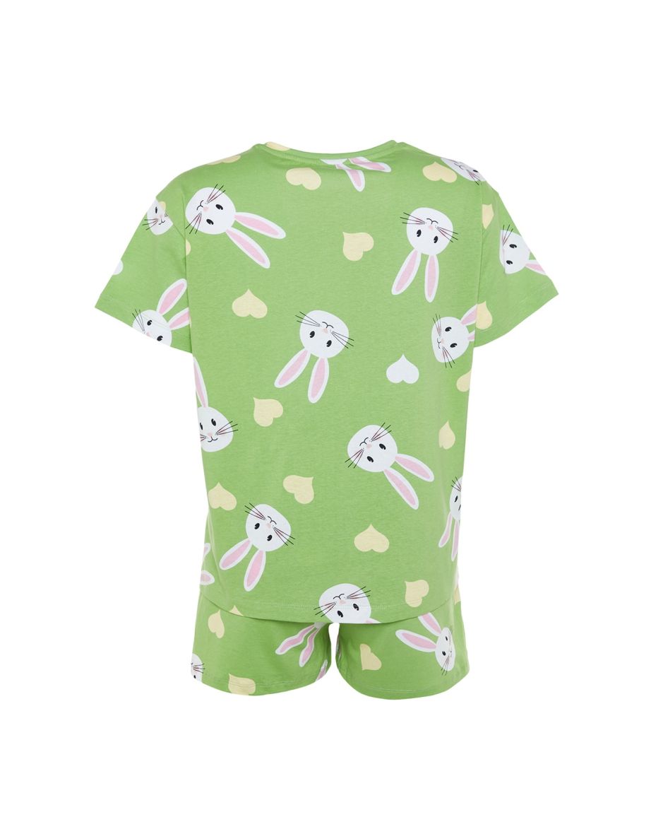 Green 100% Cotton Heart and Rabbit Printed T-shirt-Shorts, Knitted Pajamas Set. - 7