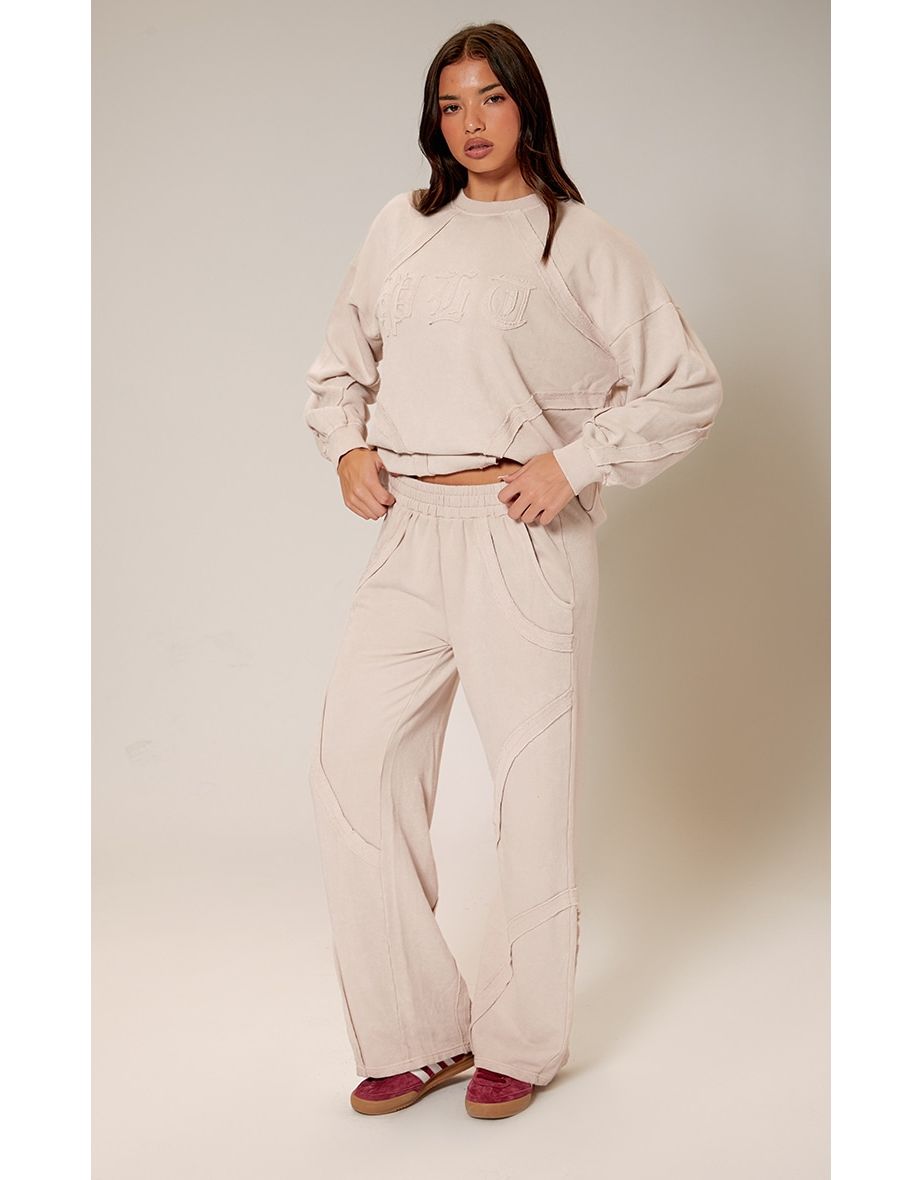 Cream Washed Distressed Seam Wide Leg Joggers