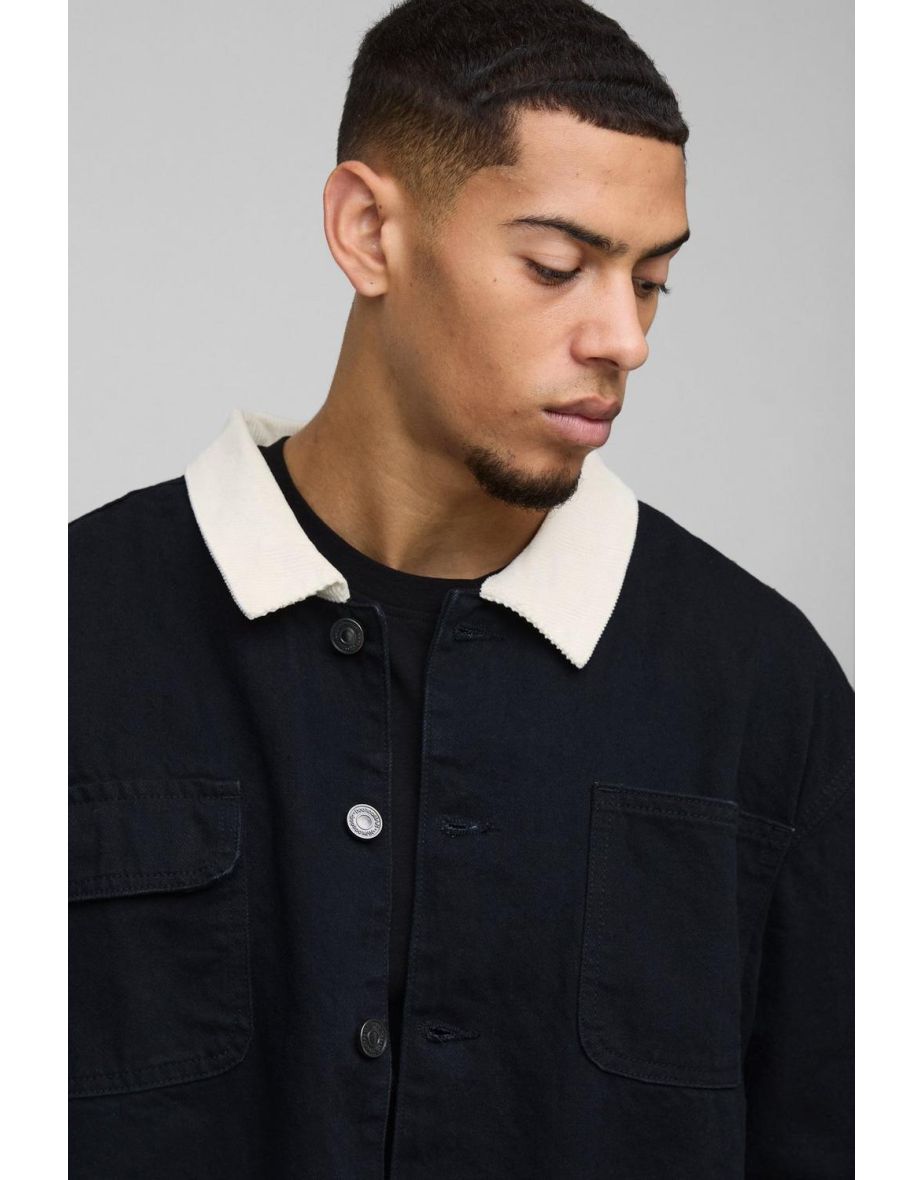 Regular Cord Collar Denim Jacket - true black - 2
