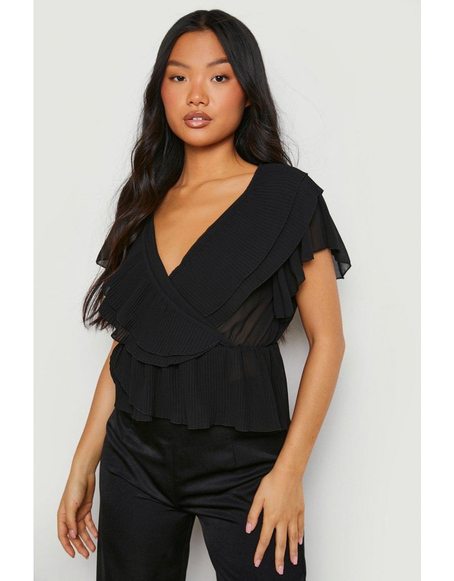 Petite Pleated Ruffle Peplum Top - black