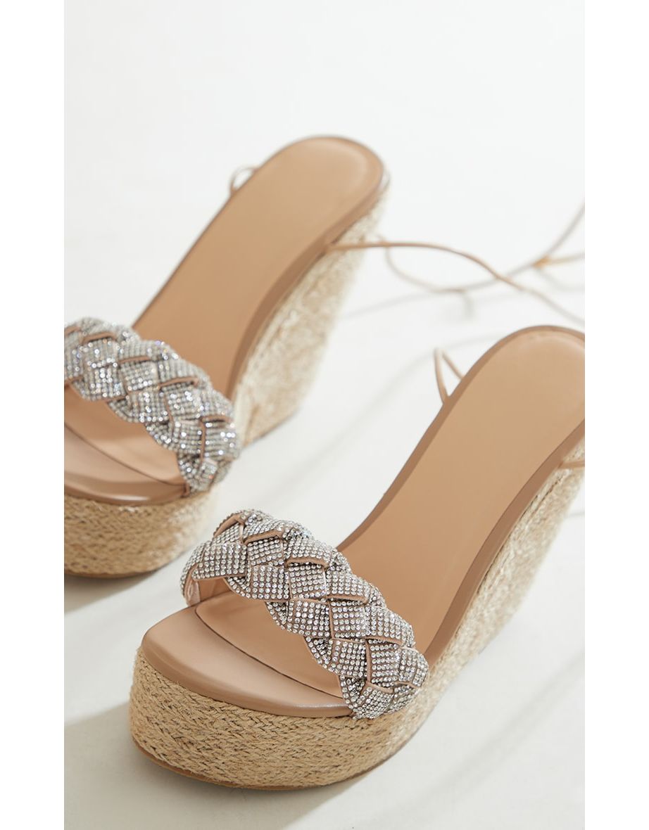 Silver Chunky Diamante Plait Strap Raffia Wedge Sandals - 3