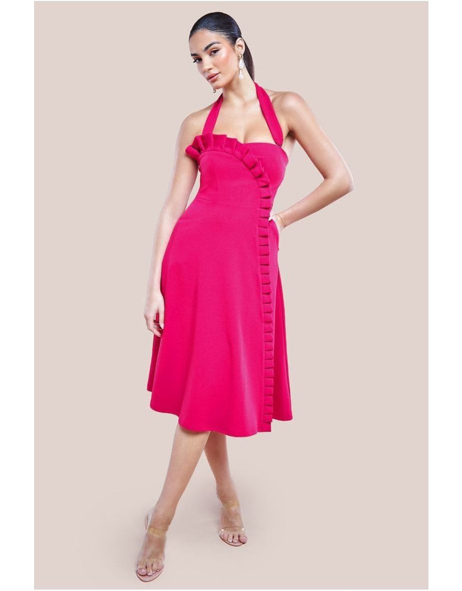 Goddiva Frilled Halter Neck Strap Midi Dress - Magenta