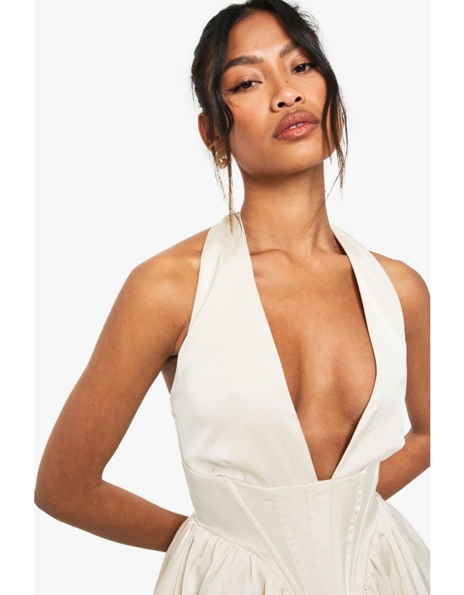 Satin Halterneck Boned Detail Volume Mini Dress - oyster - 3