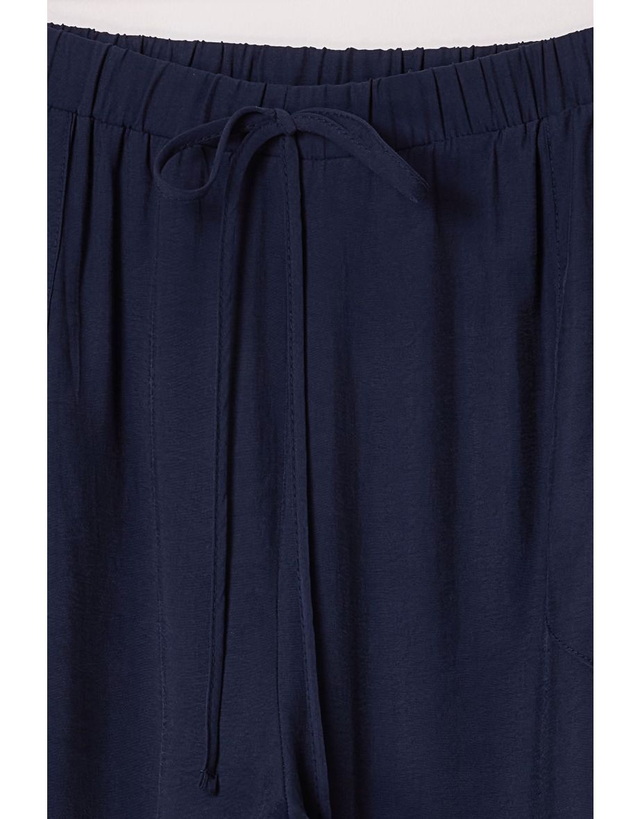 Navy Blue Elastic Waistband Pocket Corded Soft Woven Plus Size Trousers - 4