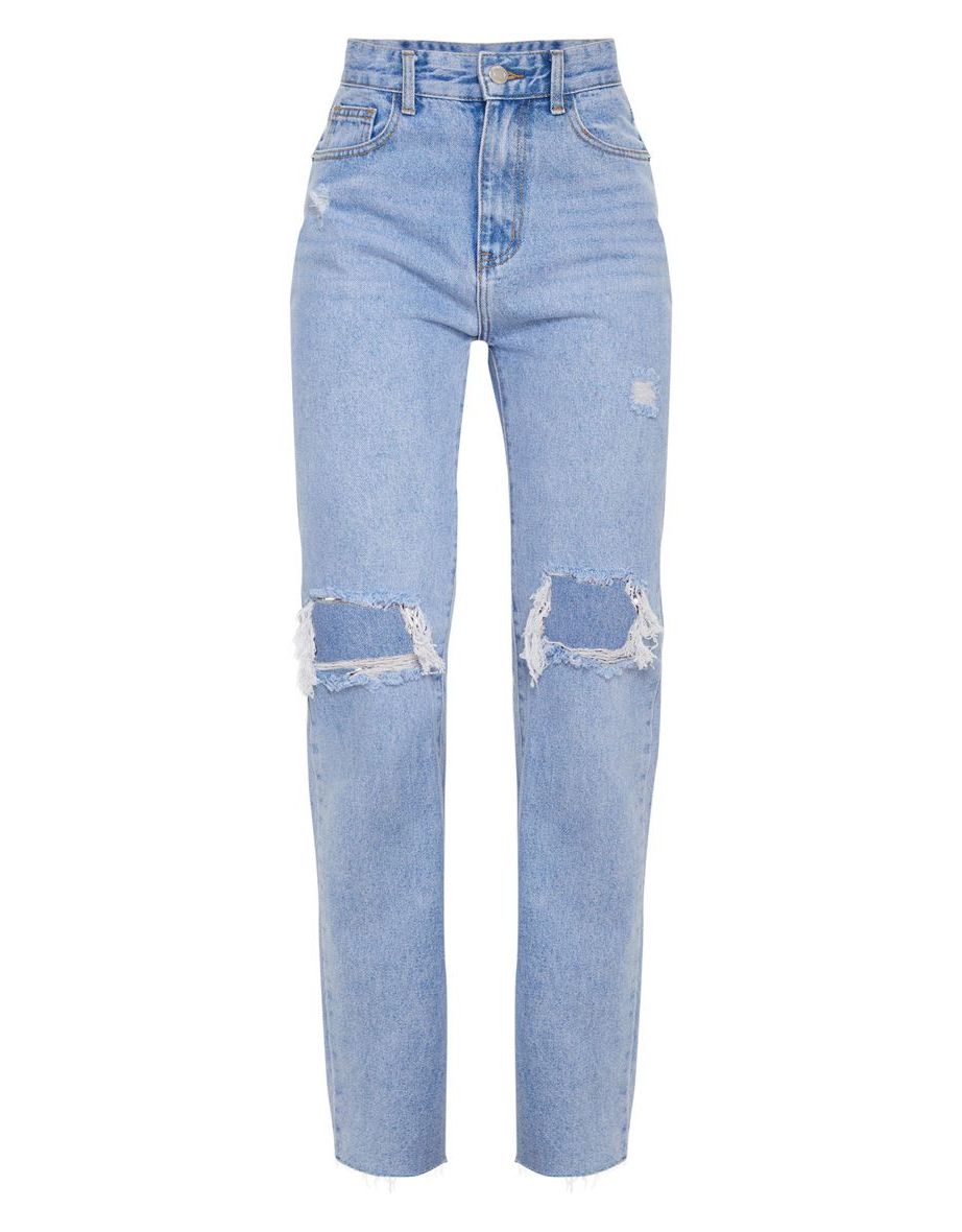 Light Blue Wash Distressed High Waist Straight Leg Jeans - 4
