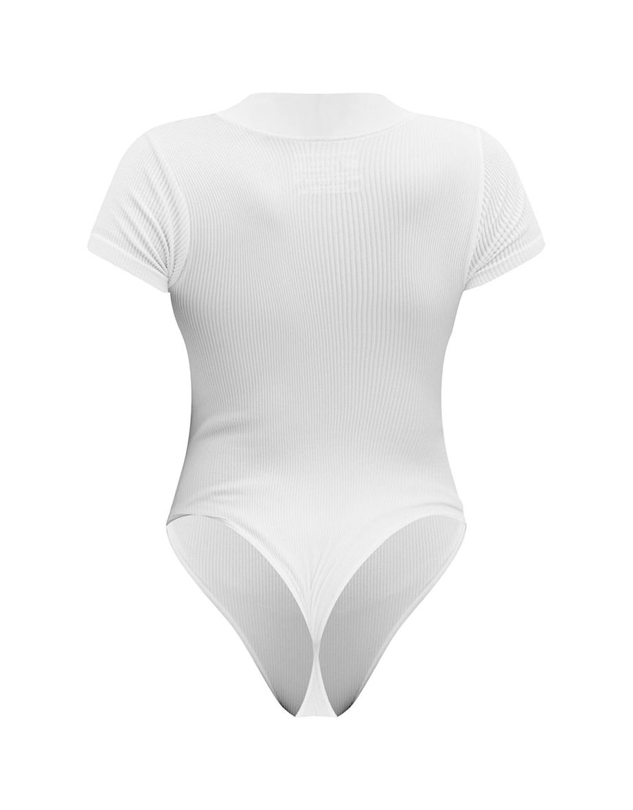 White Structured Contour Ribbed Zip Front Short Sleeve Bodysuit - 4
