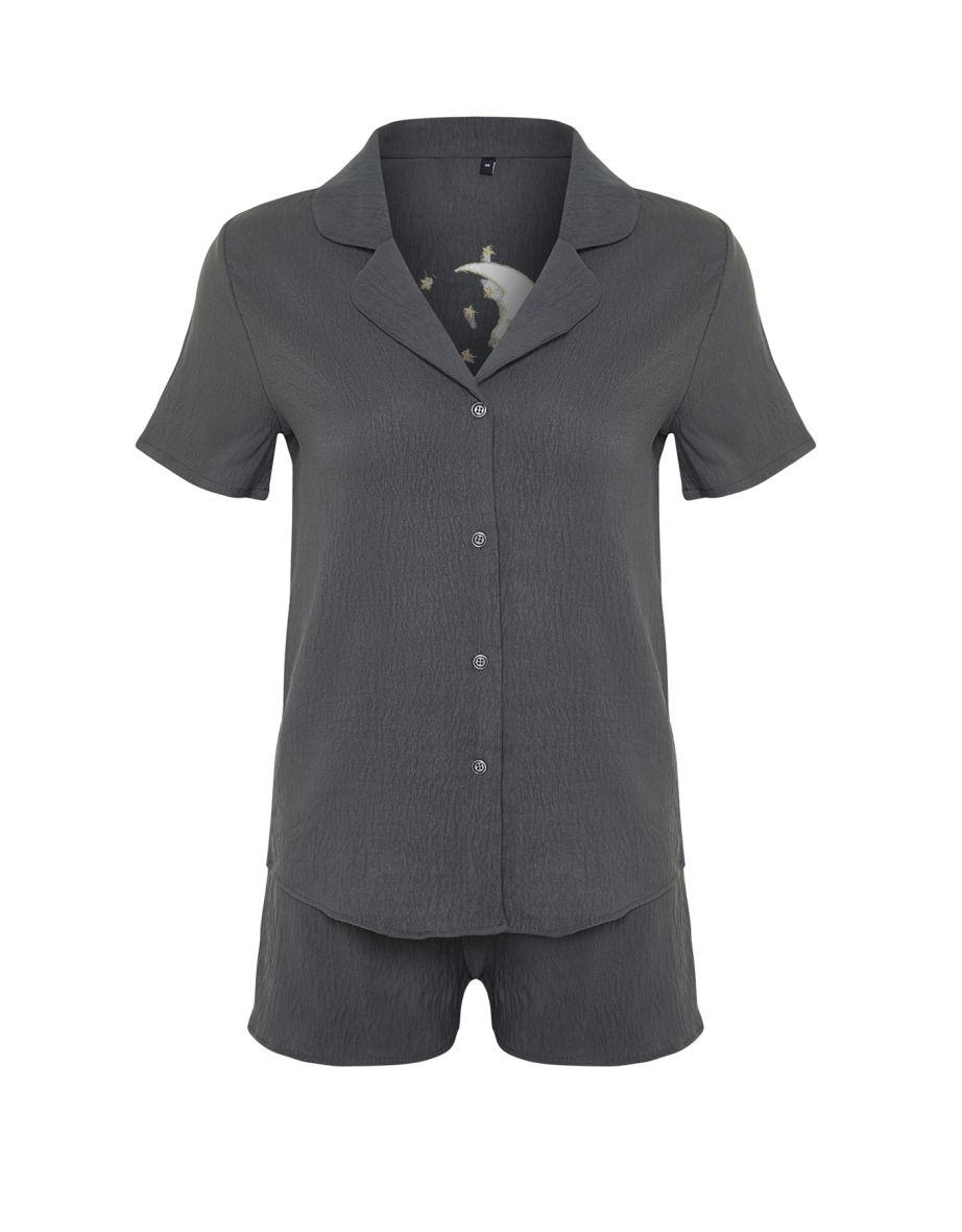 Anthracite Satin Back Star and Moon Printed Woven Pajamas Set