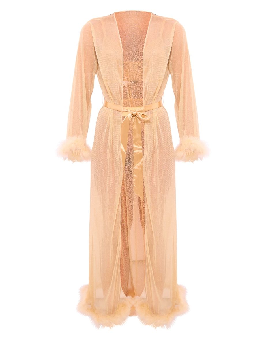 Champagne Feather Trim Longline Mesh Robe - 3