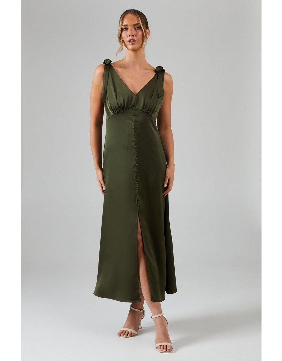 Satin Button Front Tie Shoulder Midaxi Bridesmaids Dress