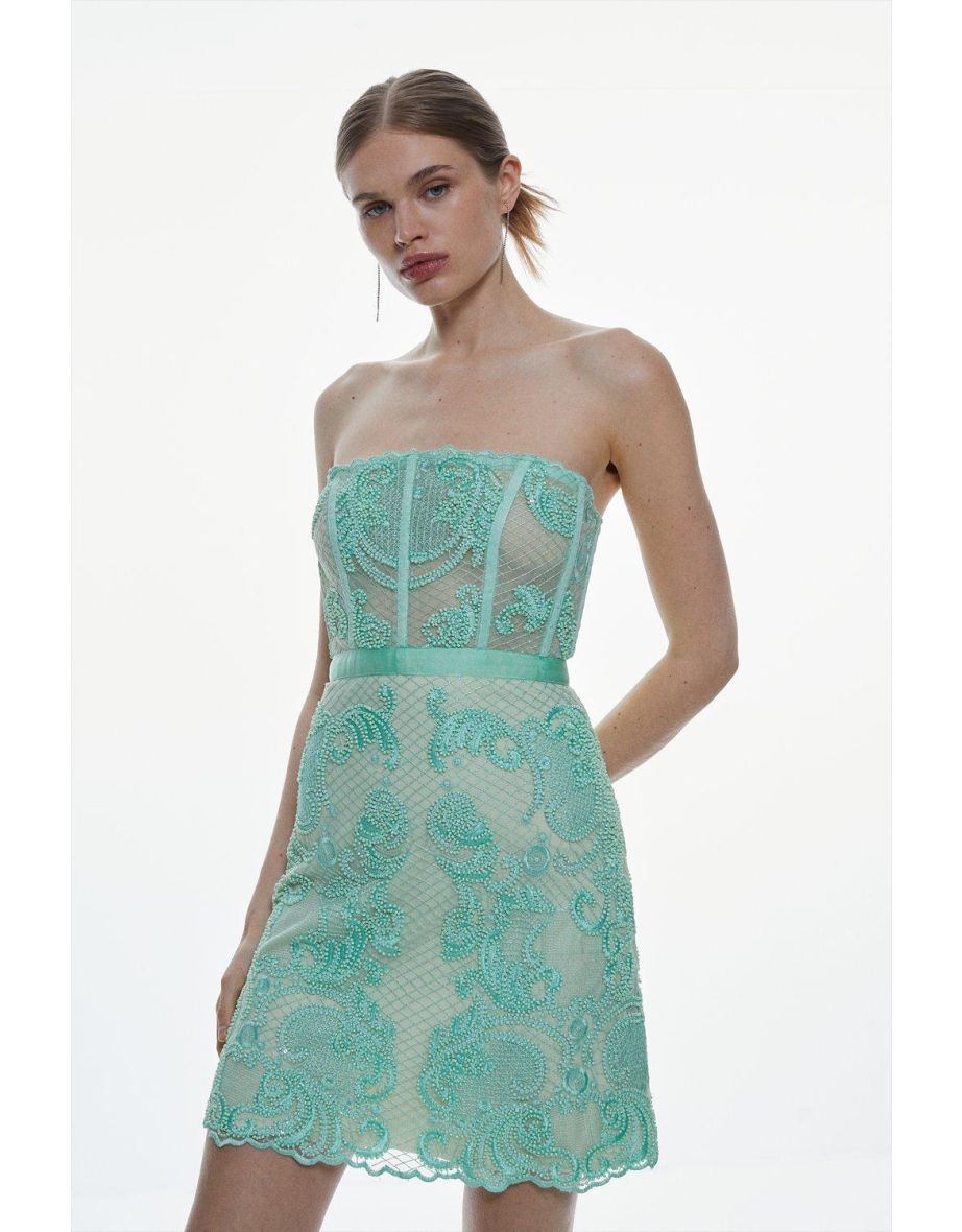 Beaded Embroidered Lace Corseted Mini Dress