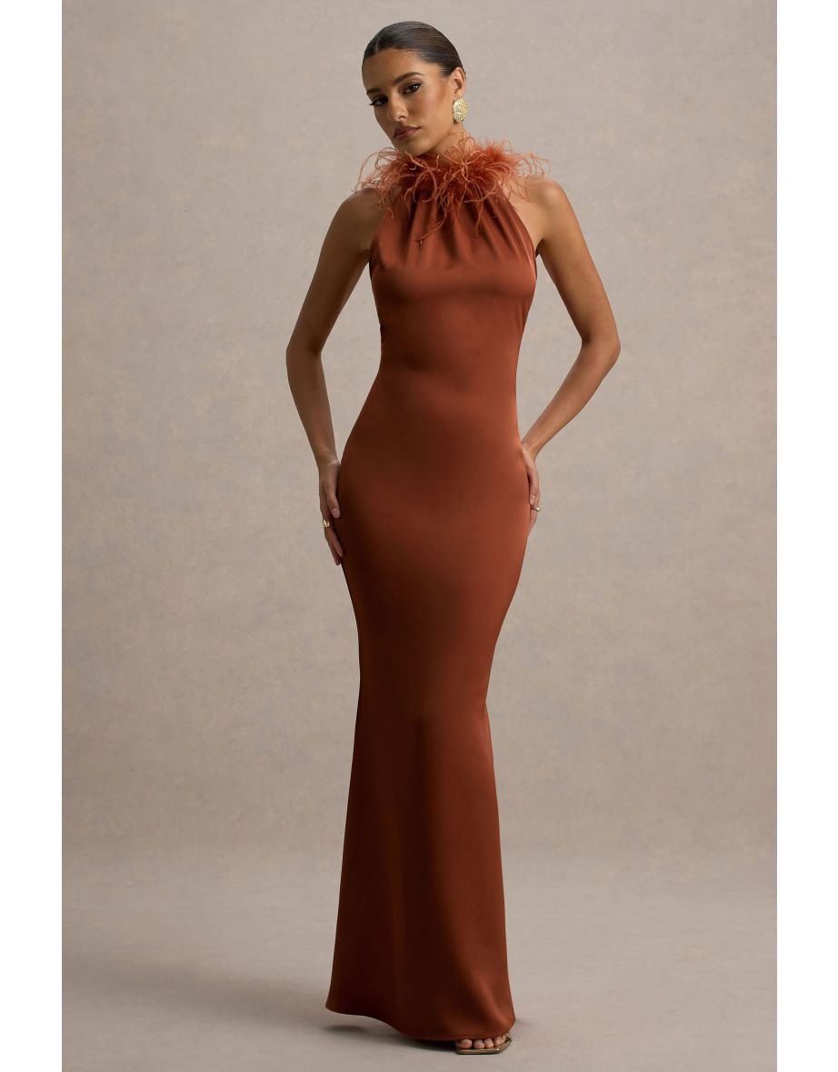 Bianca | Rust Satin Feather-Trim Maxi Dress
