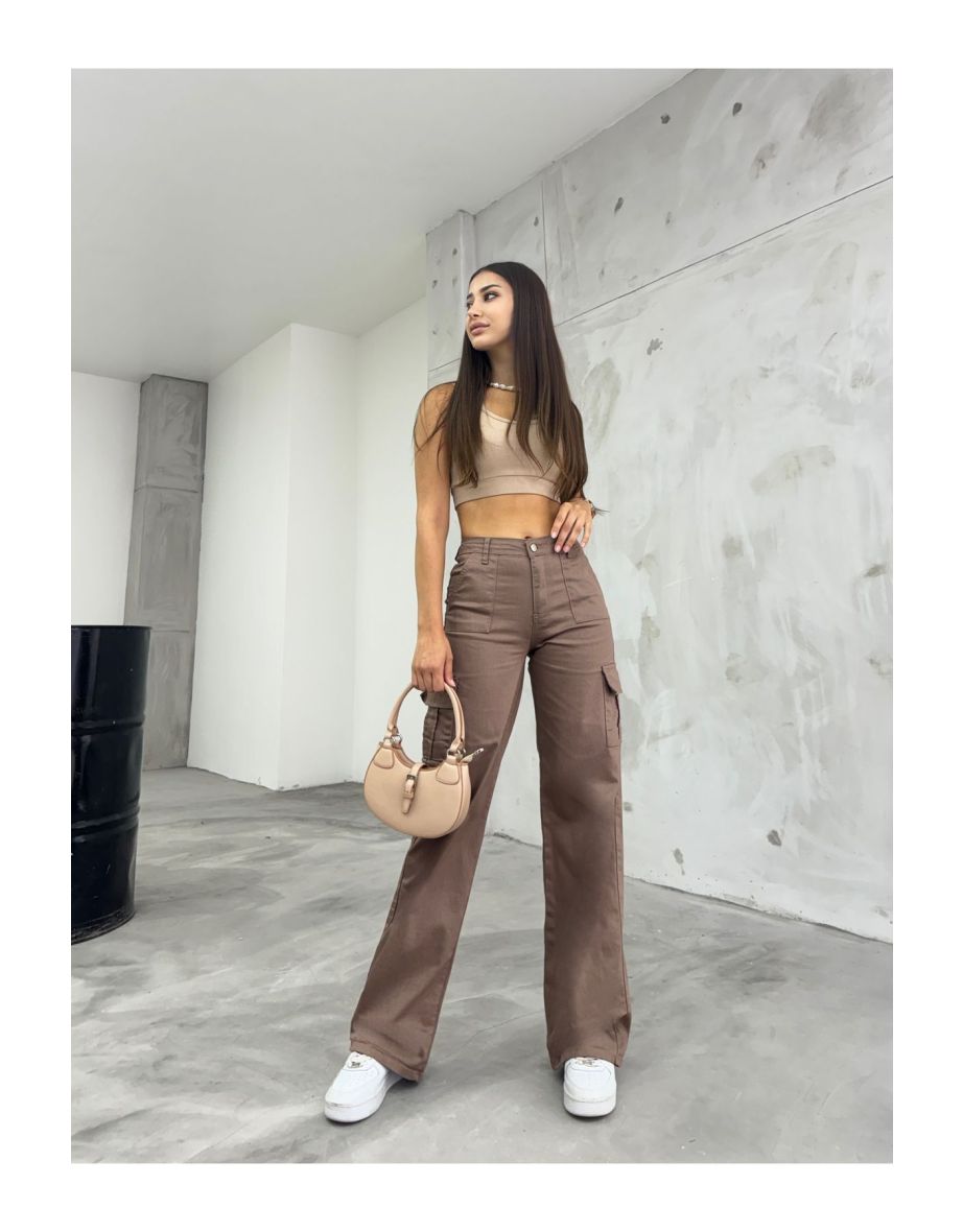 Lycra High Waist Wide Leg Pants with Mink Cargo Pocket.