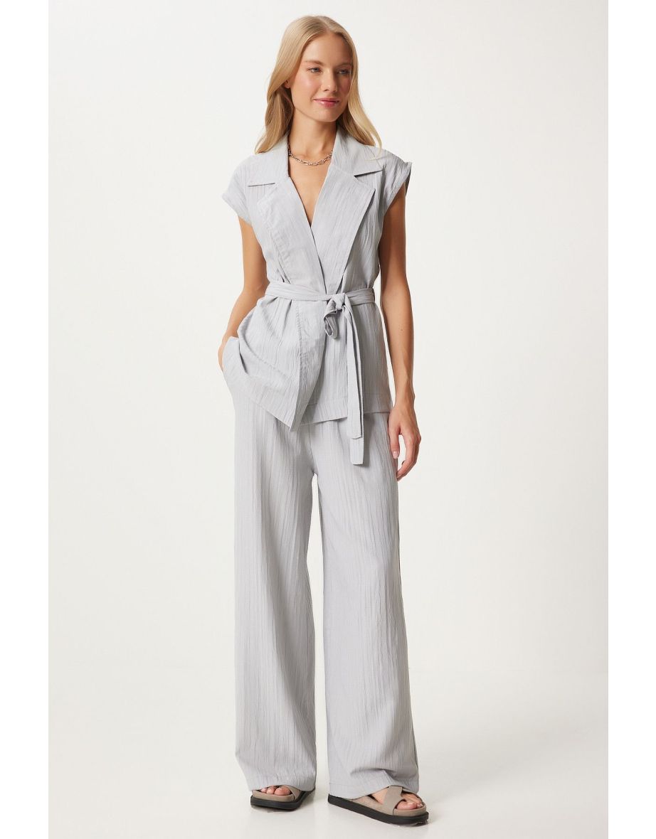 Women's Gray Belted Vest Palazzo Knitted Suit