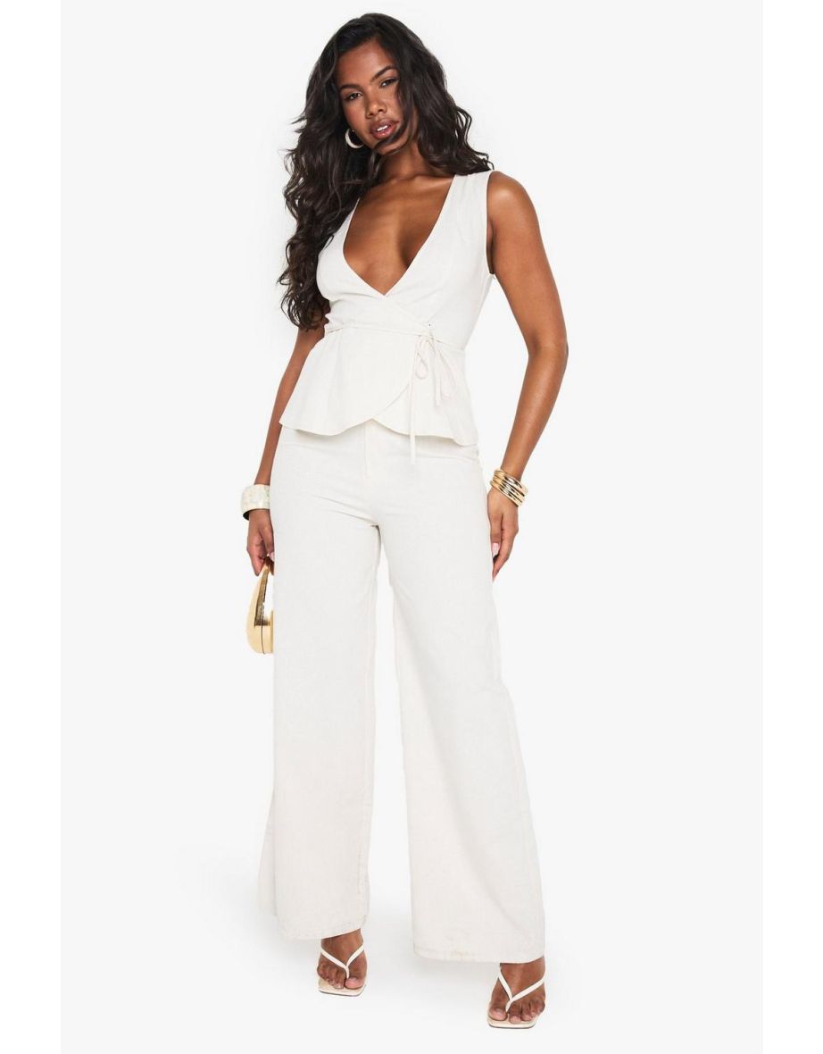 Linen Look Wide Leg Plunge Jumpsuit - stone