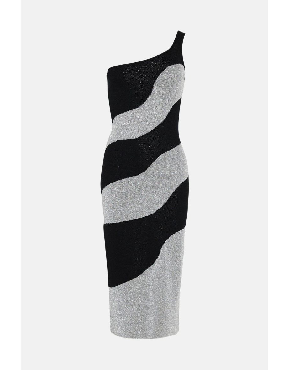 One Shoulder Metallic Jacquard Knit Dress - 6