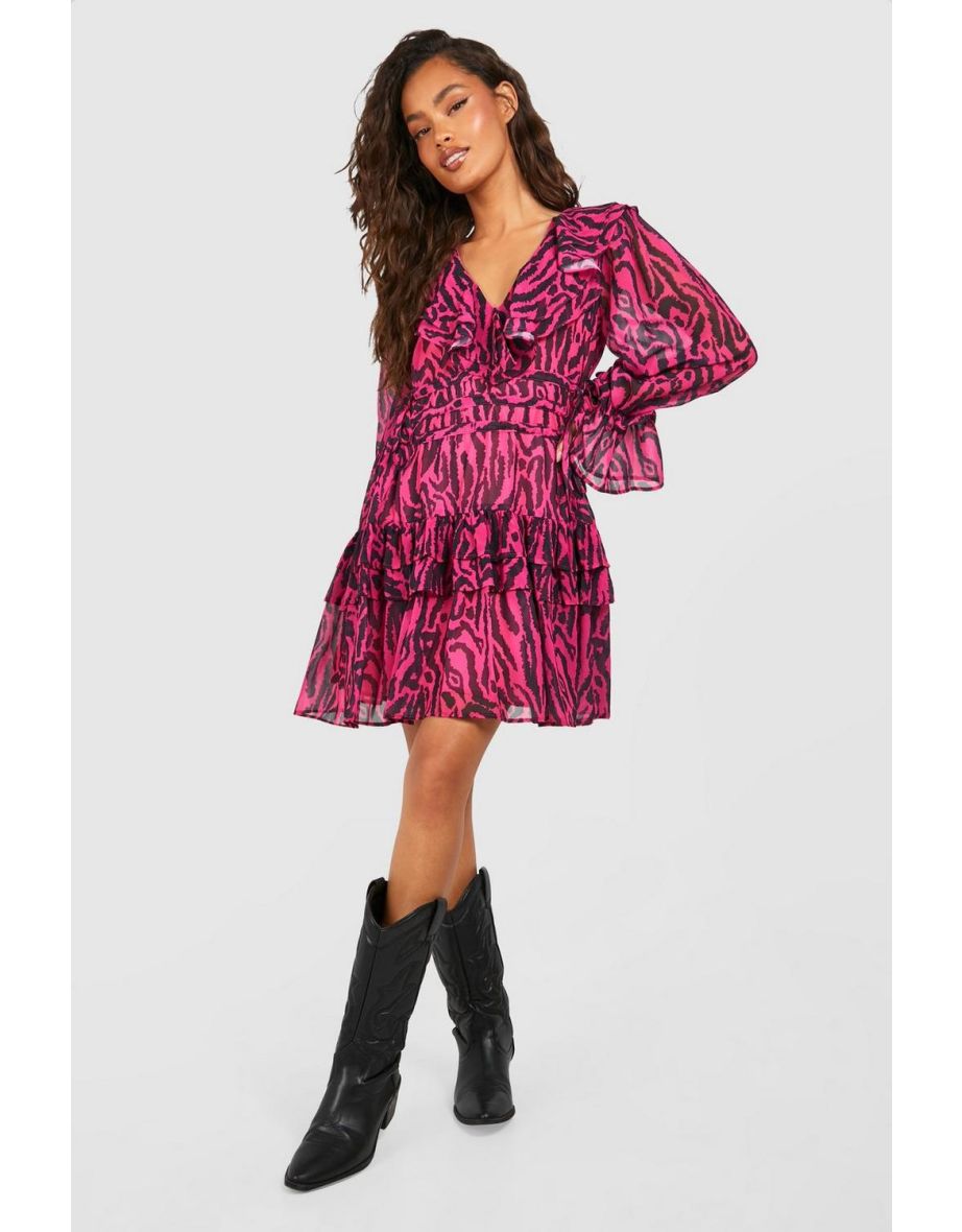 Animal Print Chiffon Ruffle Smock Dress - hot pink