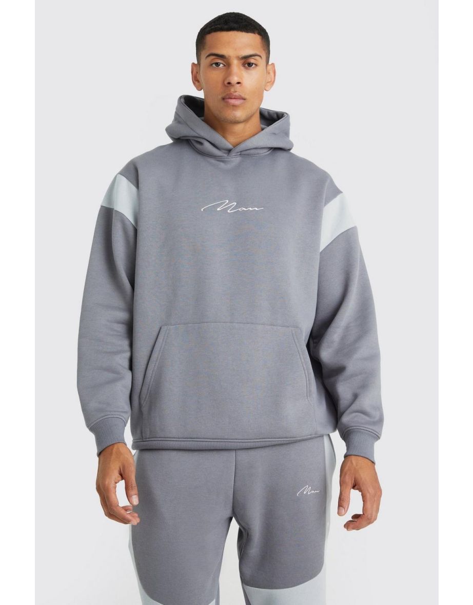 Oversized Man Colour Block Hooded Tracksuit - grey - 2