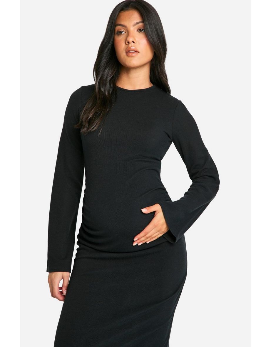 Maternity Rib Round Neck Flared Sleeve Column Maxi Dress - black - 3