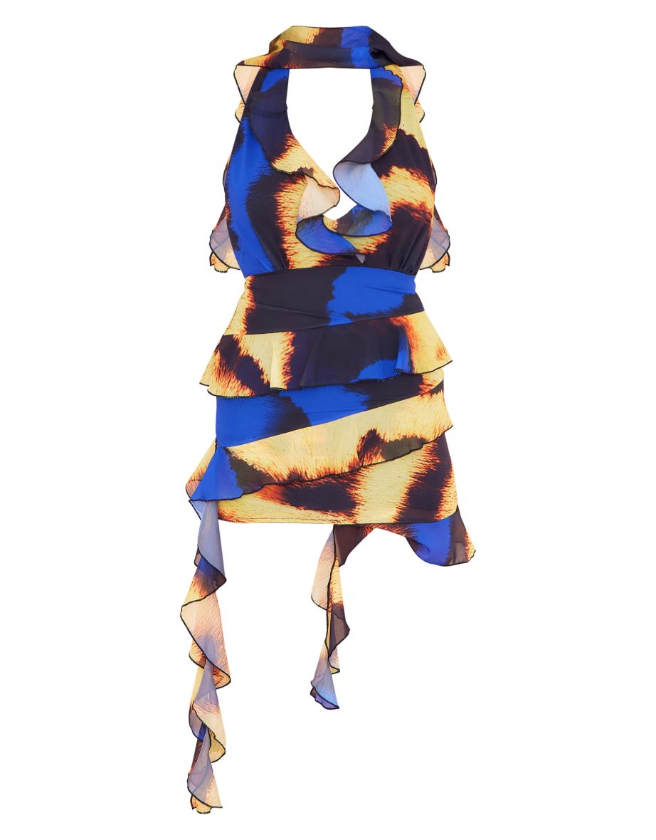 Multi Chiffon Frill Detail Drape Halter Neck Mini Dress - 4