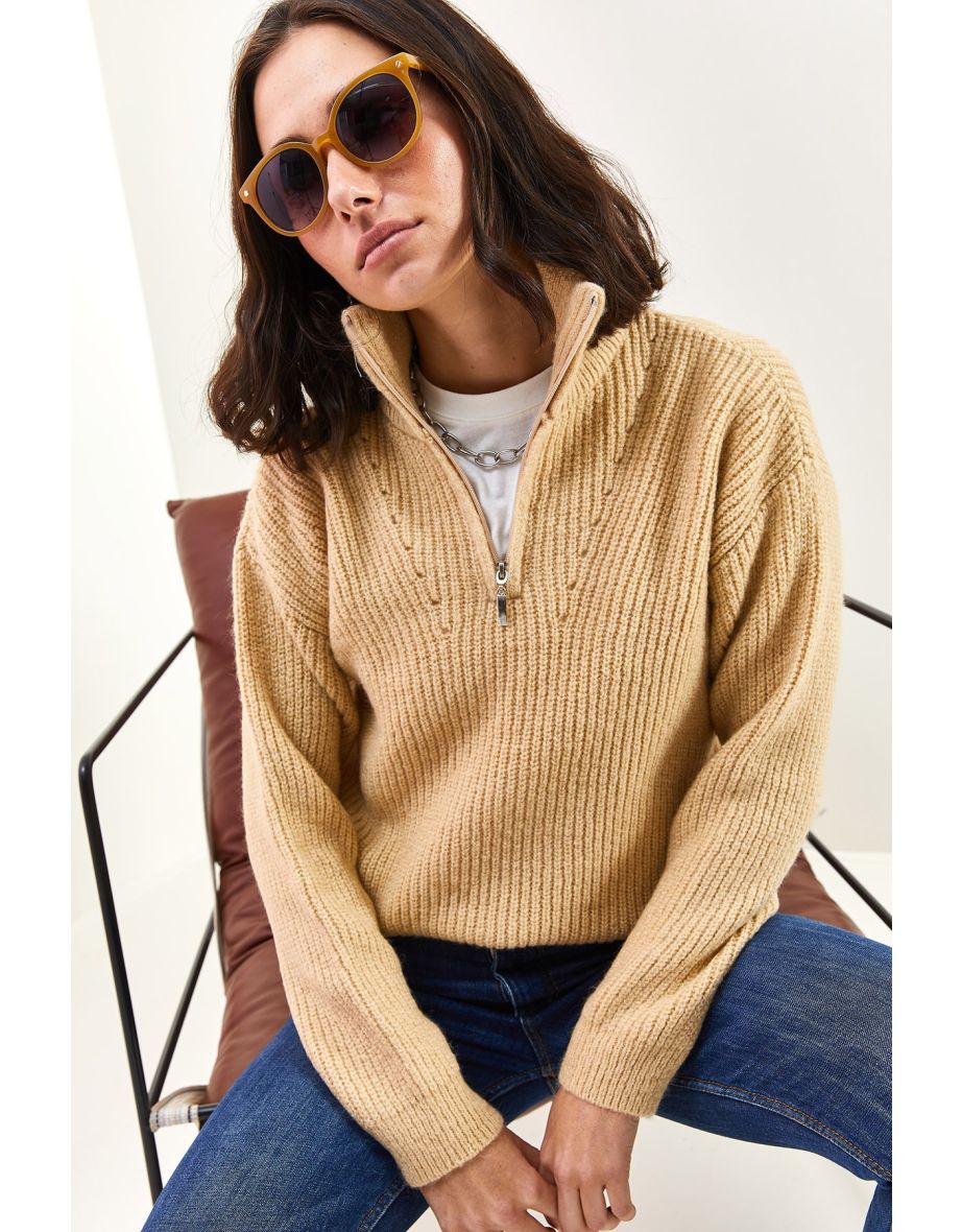 Women's Zippered Turtleneck Oversized Knitwear Sweater - 7