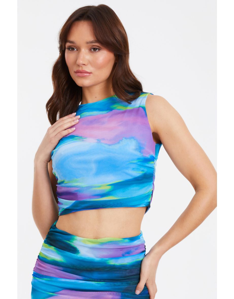 Blue Abstract Print Mesh Top