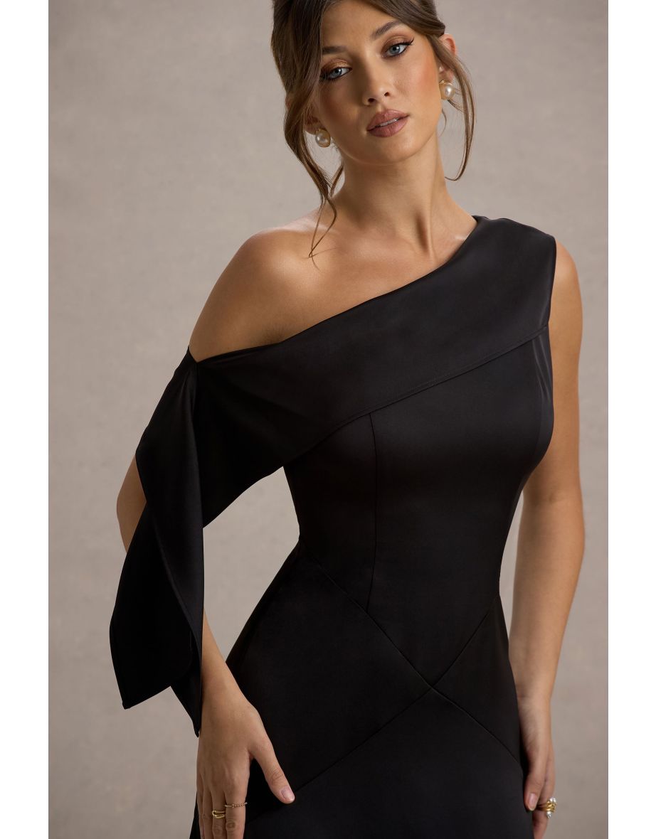 Nicola | Black Satin Asymmetric Bardot Draped Maxi Dress - 9
