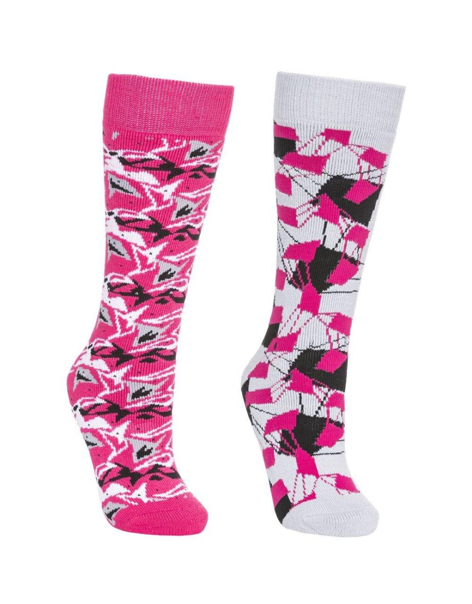Trespass Childrens/Kids Rockies Ski Socks (Pack Of 2) - Platinum/Pink Lady