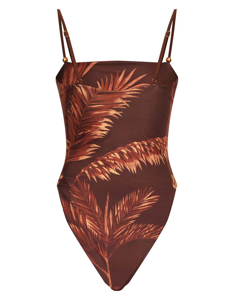 Chocolate Palm Print Reversible Backless Swimsuit - 5