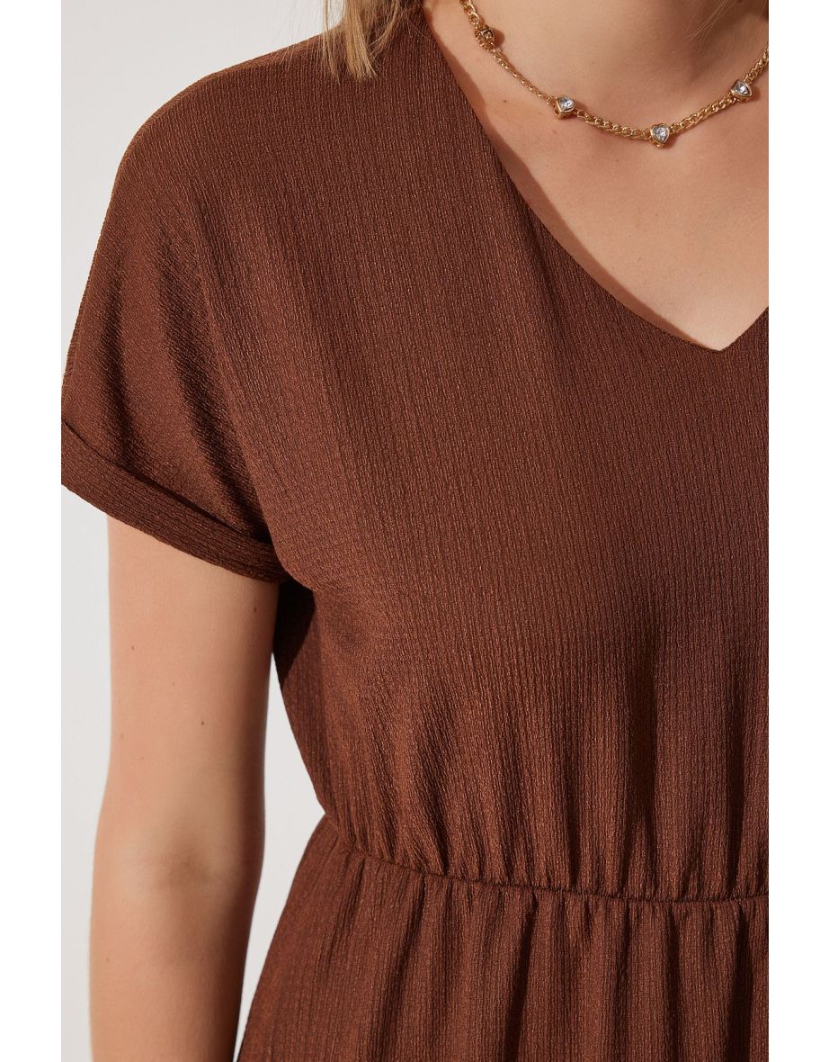 Women's Brown V-Neck Slit Summer Casual Knitted Dress - 5
