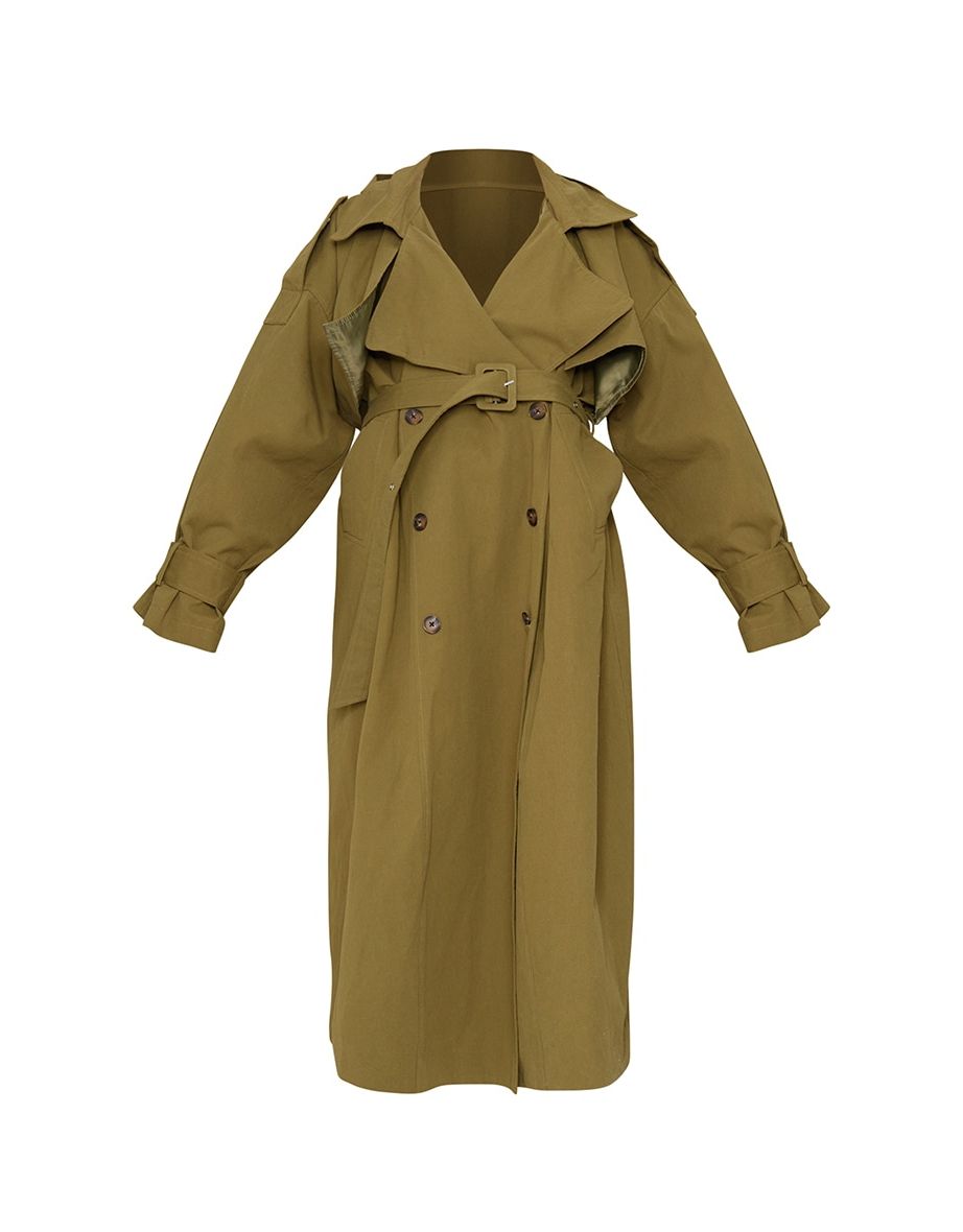 Khaki Hooded Oversized Woven Trench Coat - 5