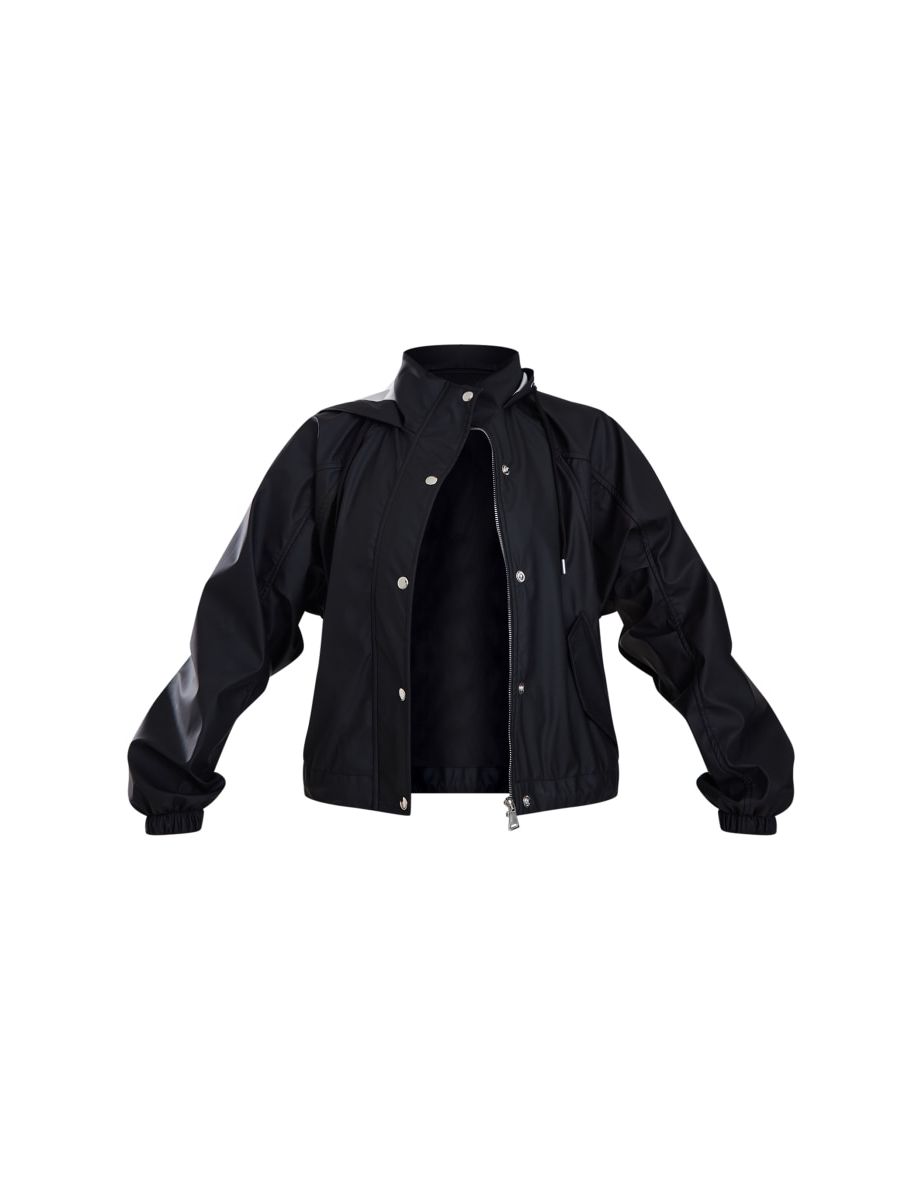 Black Rubberised Hooded Drawstring Jacket - 4