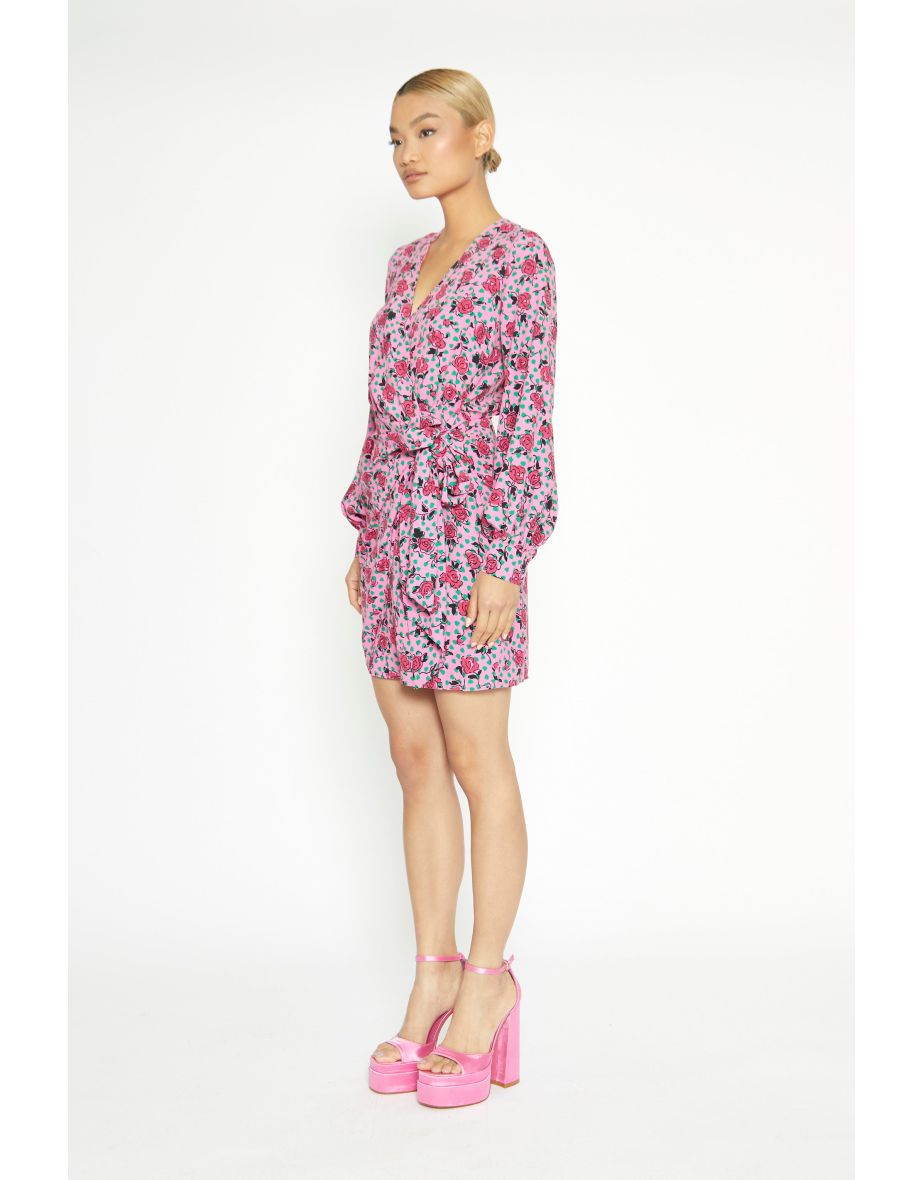 Glamorous Pink Multi Rose Mini Wrap Dress - 3