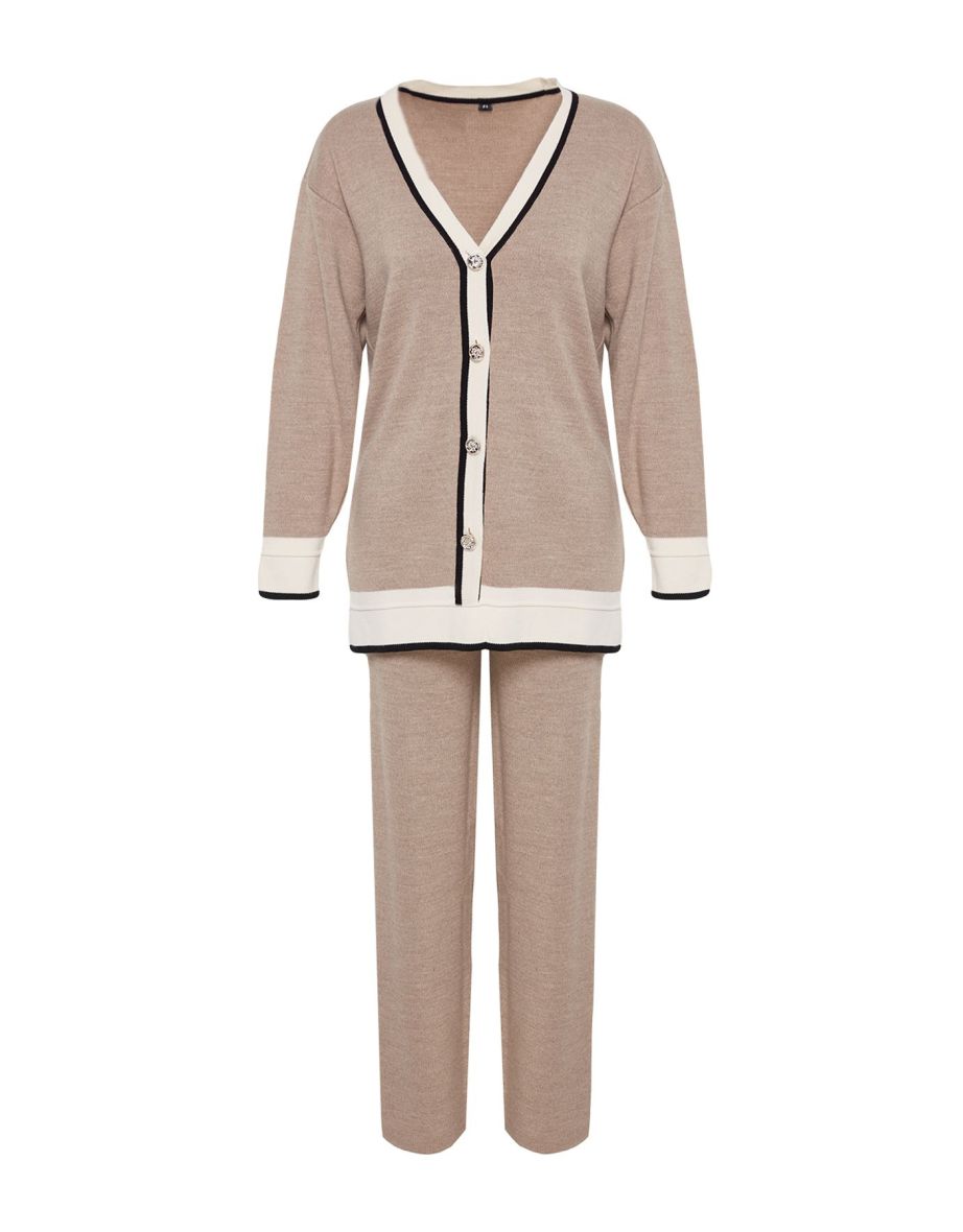 Mink Color Block Knitwear Cardigan Trousers Bottom-Top Set - 6