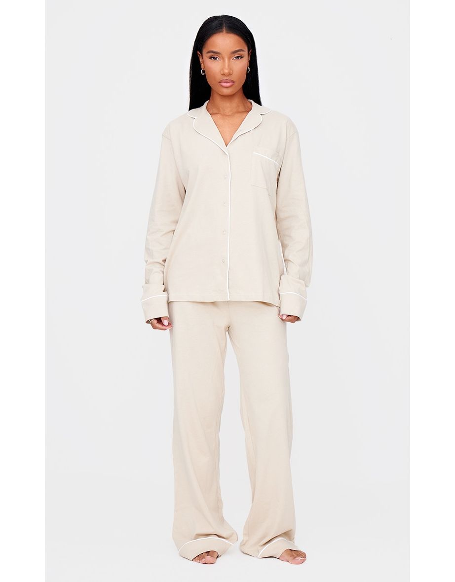 Sand Jersey Piping Detail Long PJ Set