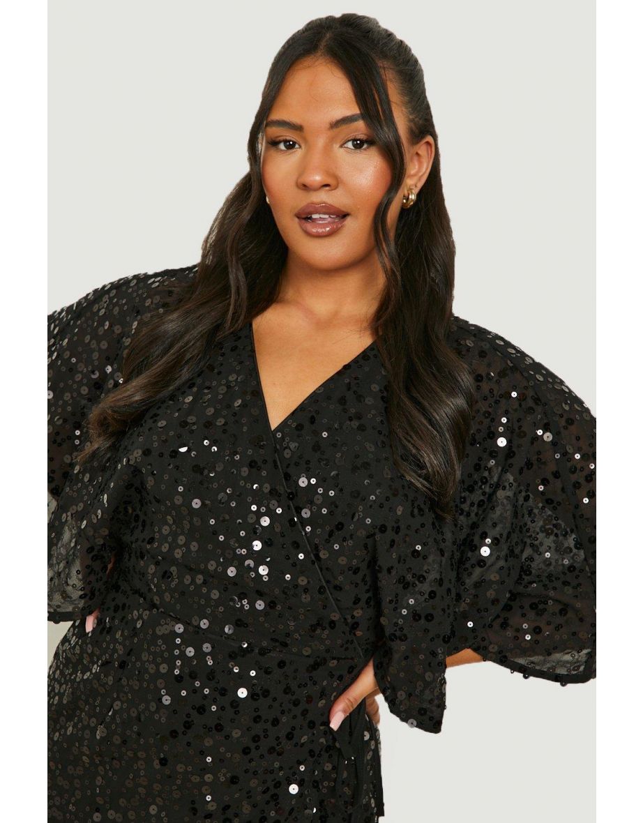 Plus Sequin Wrap Midi Dress - black - 3