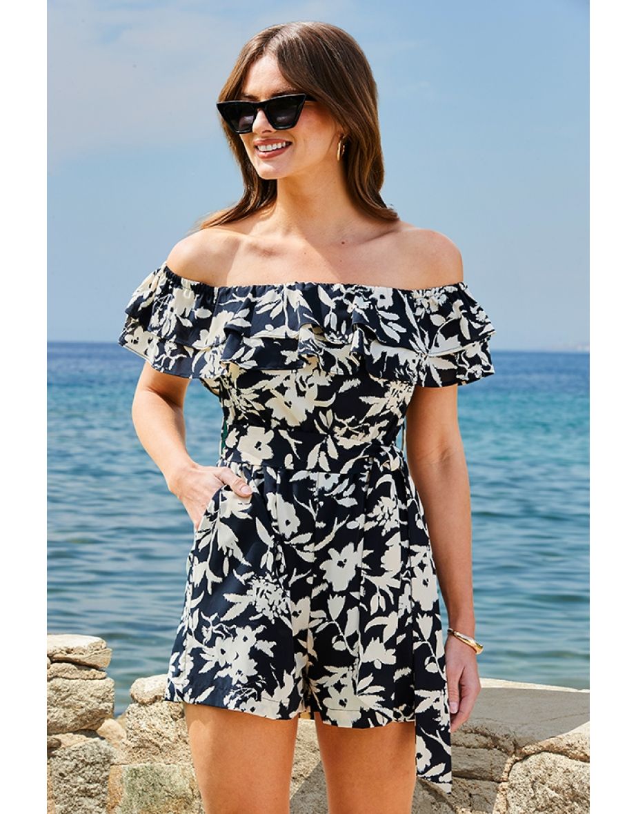 Shop Black Floral Print Ruffle Detail Bardot Playsuit Online in Oman VogaCloset