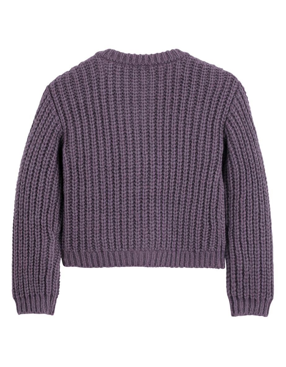Chunky Knit Buttoned Cardigan with Crew Neck - 3