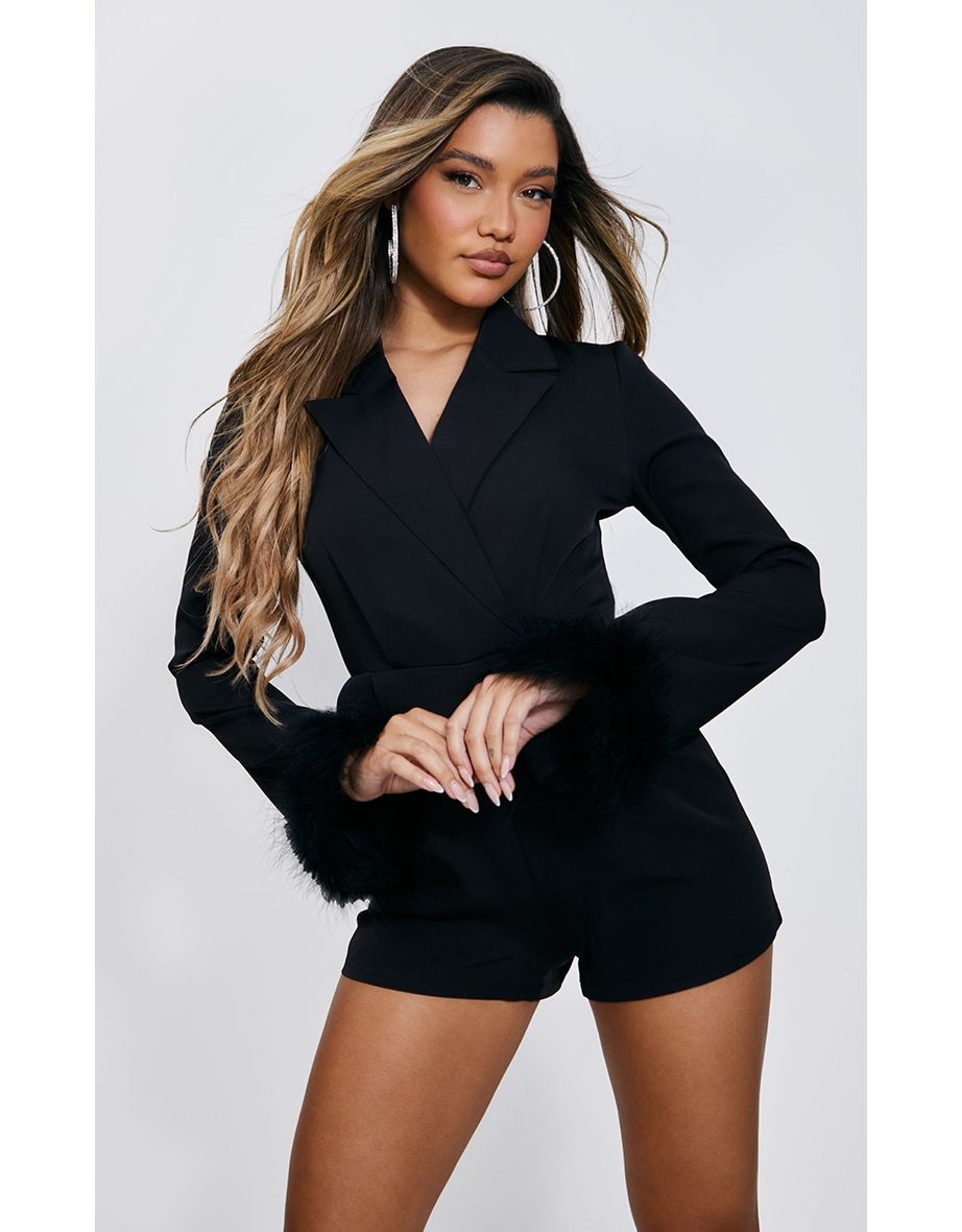 Black Feather Cuff Blazer Playsuit