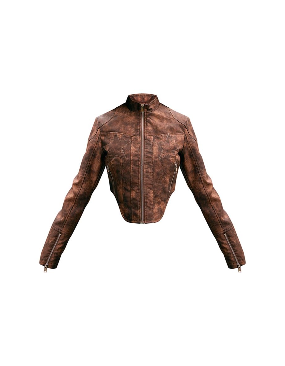 Brown Distressed Faux Leather Star Embroidery Biker Jacket - 4