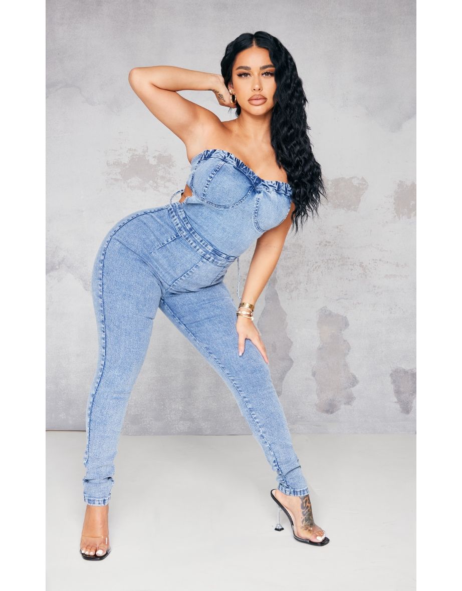 Tie back cheap denim jumpsuit