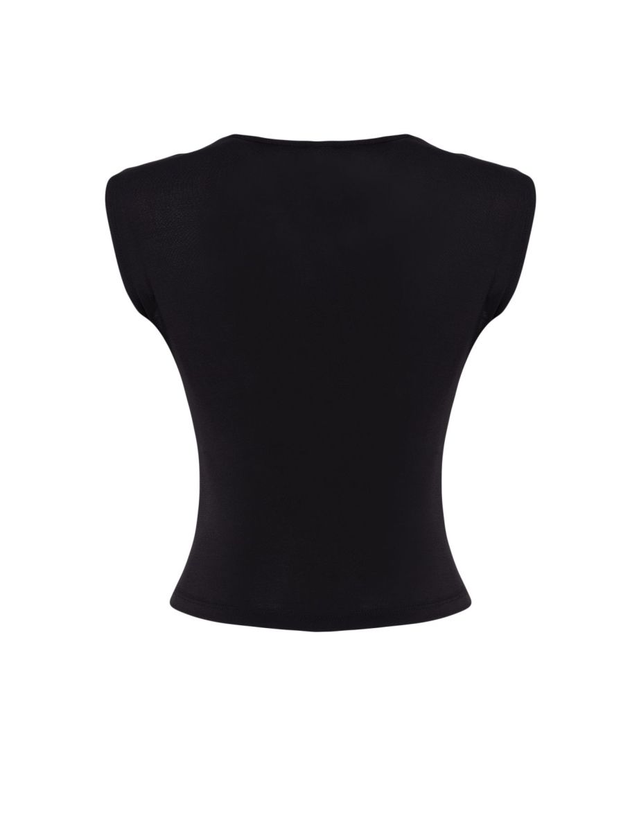 Black Fitted Gather Detailed Sleeveless Stretchy Knitted Blouse - 6
