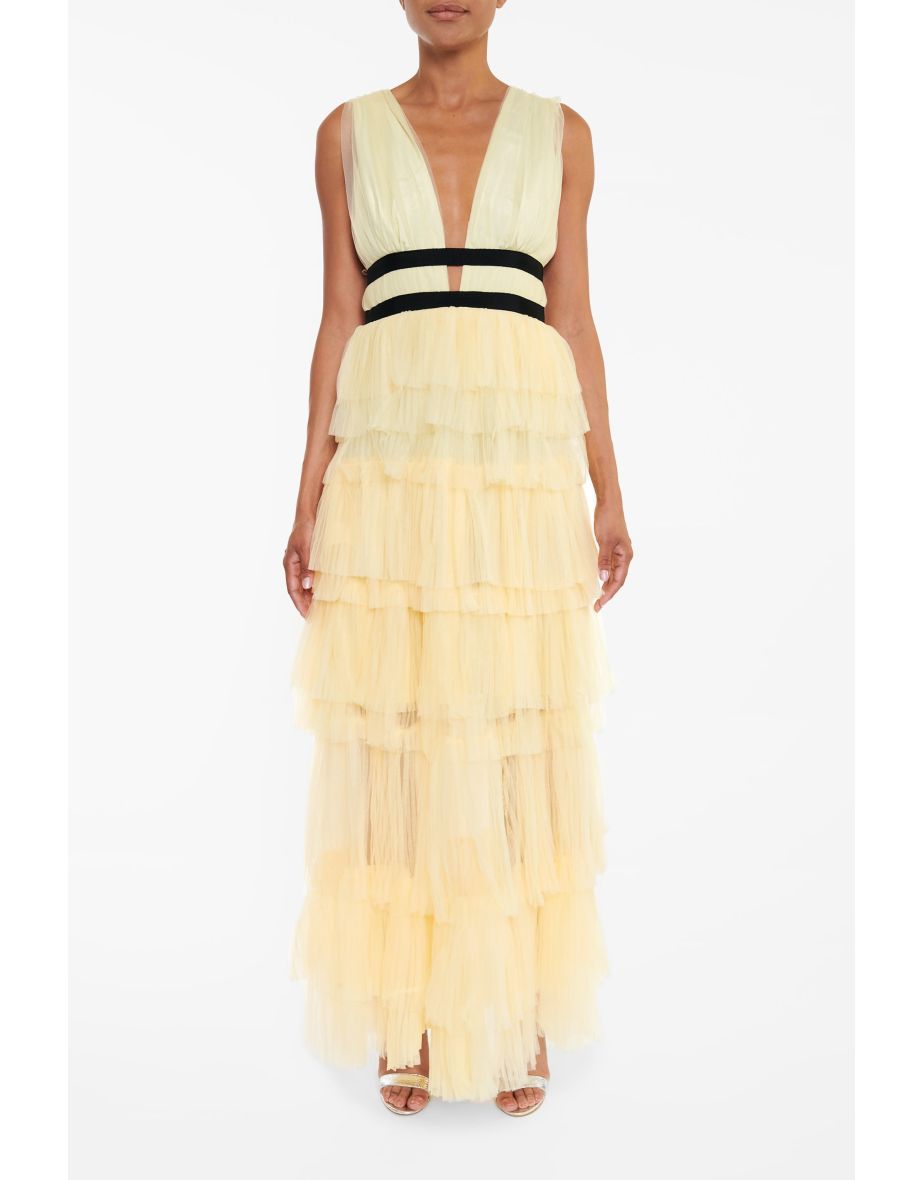 Eliza Pale Yellow Plunging Neck Layered Tulle Skirt Maxi-Dress