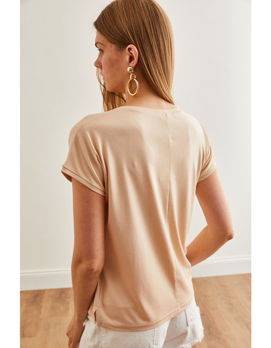 Women's Beige V-Neck Bat Knitted Viscose T-Shirt - 4